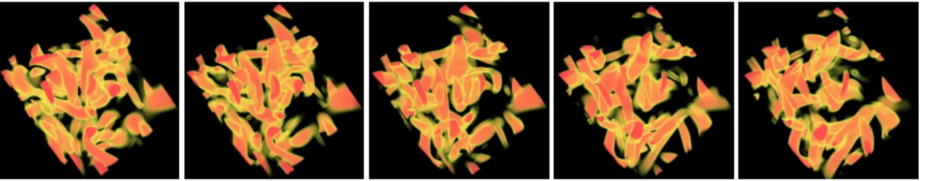Figure 1: These are a set of snapshots from evenly spaced time steps of the turbulent vortex dataset [FS98]