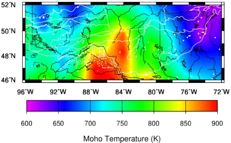 Figure 5. Absolute temperature at the Moho calculated for model A (constant thermal conductivity k = 2.5 W m 1 K 1 , uniform crustal heat production, and an imposed Moho heat flow Q m = 15 mW m 2 ).