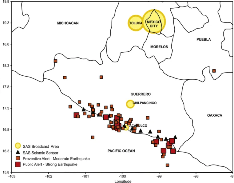Fig. 2. SAS network and earthquakes warned between 1991 and 2010.