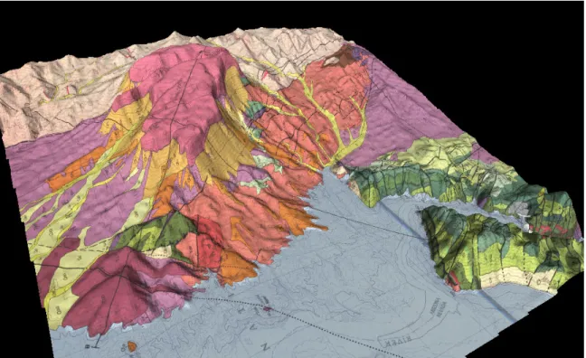 Figure  1.    3D  Geologic  Map  of  the  Hoover  Dam  Vicinity,  Nevada,  developed  by  generating  georeferencing  information for a 2-dimensional geologic map, then overlaying it on the corresponding USGS DEM data