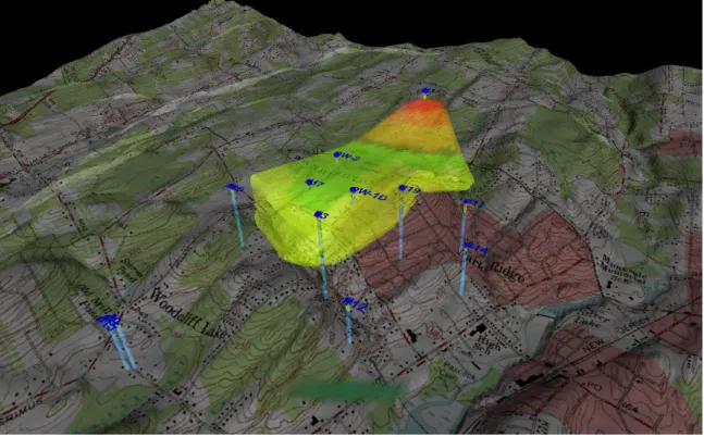 Figure 3.  3D visualization combining topography, groundwater quality, and water supply wells