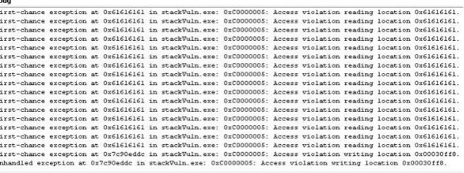 Figure 5.1: Debug Window of Visual C++ During Stack Based Buffer Overﬂow