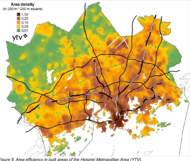 Figure 10. User potential of public transport within a 600-metre radius of stations. Assessed by calcu- calcu-lated population (2007) and workplace (2004) densities (YTV 2007).