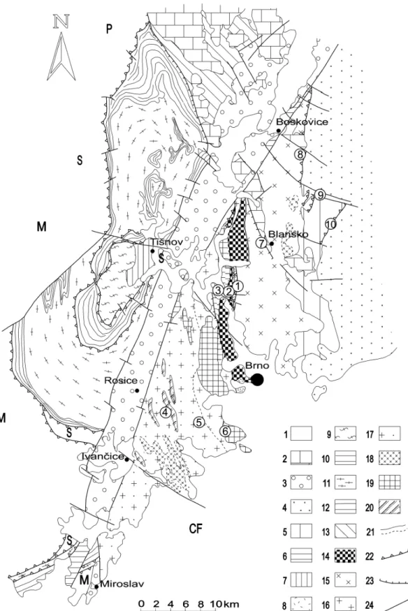 Fig. 1. Geological map of area with locations of excursion sites (numbers in circles)
