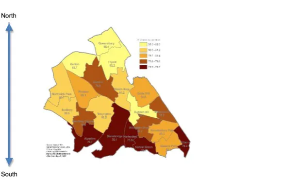 Figure 4: Life expectancy in the Borough. Shows a 7 year gap between north 