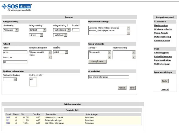 Figure 13. HTML GUI, view of the dispatch operator when assigning a unit to a case. 