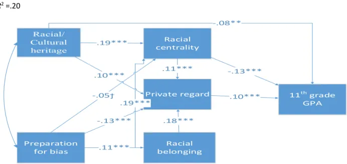 Figure 2: Path Model displaying the mechanism by which by which racial socialization, racial identity,  and youth’s performance are linked 
