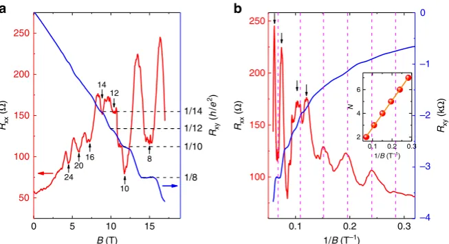 Fig. 3 Quantum Hall effect in Cdfunction of 1/the LL index3As2 nanoplate. a Magnetic ﬁeld dependence of Rxx (blue) and Rxy (red) in sample #7