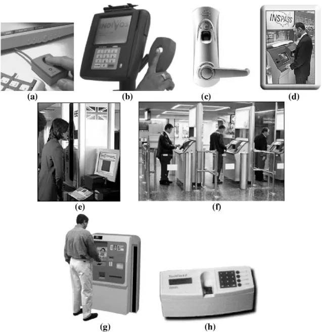 Fig. 4. Examples of biometric application. (a) Fingerprint verification system manufactured by Digital Persona, Inc., is used for computer and network login.