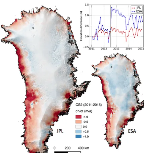 Figure 3. 2011–2015 elevation changes estimated from the surface-−spectively. Images have been smoothed with a 10 km median ﬁlterfor visualization purposes