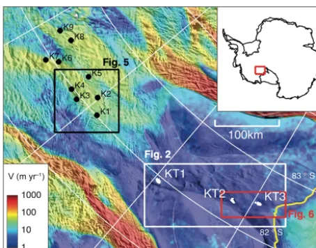 Figure 1. Locations of subglacial lakes (Smith et al., 2009) in theKIS glacial catchments, including the newly identiﬁed lakes KT2and KT3 in the trunk of the KIS