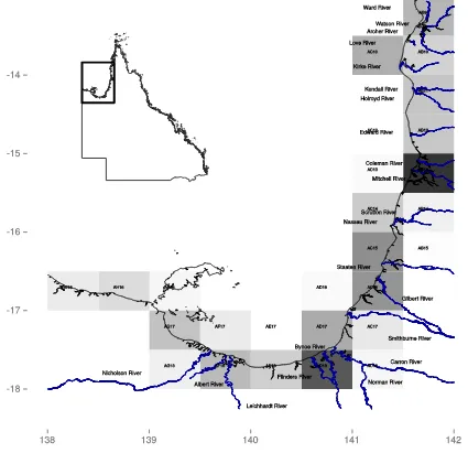 Figure 1 - Spatial extent of the Southern Gulf of Carpentaria barramundi stock showing major rivers and average commercial fishing intensity over time (1990 to 2015)