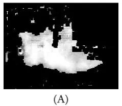 Figure 2. Smoke detection example for low-resolution image: (a) Input image; (b) Background subtraction; (c) Morphology transformations; (d) Colour probability of the blue channel; (e) Binarized intersection of probabilities; (f) Edges; (g) Result image