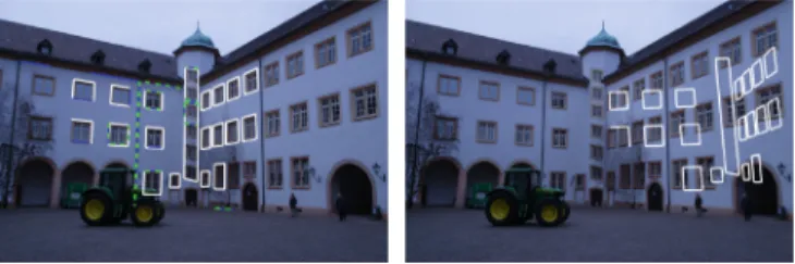 Fig. 1. Pose estimation results of OPnPL (left) and OPnP (right) in a scenario with a lack of reliable feature points