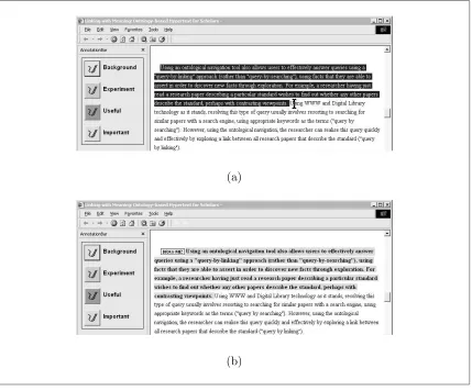 Figure 5.1: Creating an annotation with the Annotator tool. After selecting the spanof text to be annotated (a), the author chooses an annotation type from the palette,and the selected text becomes highlighted in the corresponding colour (b).