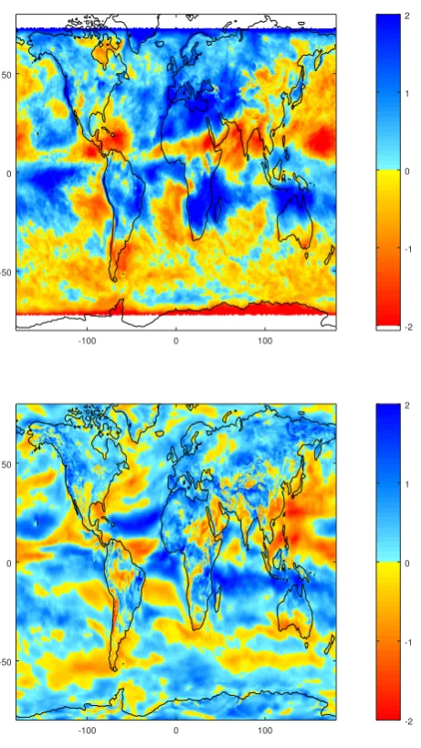 Figure 2. Base-2 logarithm of the ratio between January and July interannual coefﬁcient of variationas large in January, while with a value offor surface (a) solar radiation, (b) windspeed