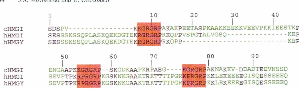 Fig. 6. Alignmentof the primaryprotein,structuresof ChironomuscHMGI. humanHMGI and humanHMGY