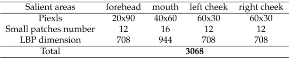 Table 1. Patches numbers and LBP dimensions of salient areas Salient areas forehead mouth left cheek right cheek