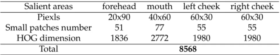 Table 2. Patches numbers and HOG dimensions of salient areas Salient areas forehead mouth left cheek right cheek
