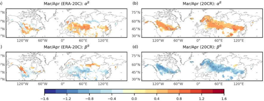 Fig. 4. (a–b) Maps of �� and (c–d) �� for March/April in the period 1900–2010 wherever Pathway Pathway A is valid