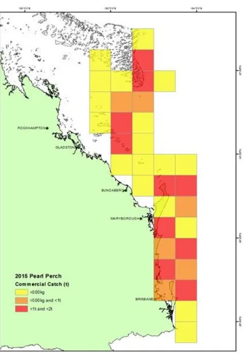 Figure 2.  Spatial 30 x 30 minute grid patterns of commercial harvest of pearl perch from Queensland waters
