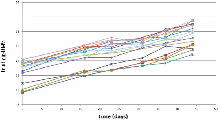 Figure 4.   Time course of NIR-DM assessed of individual (Calypso) fruit on tree.  The average rate of increase (0.73% DM/week) can be used to forward estimate when a desired DM specification will be reached