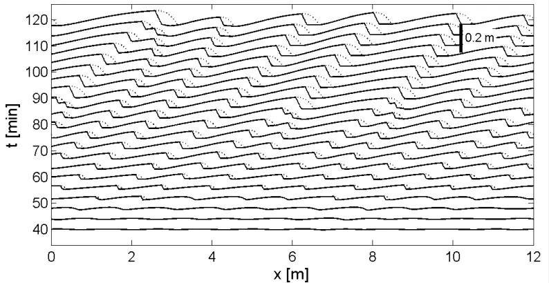 Figure 2.11: Model simulation (H=0.15m d50= 0.8mm, q= 0.076m2s-1); merging leads to unexpected long dune length and height  