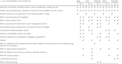 Table 5 Summary of results: Discursive summary of the agreedtreatment options across all five pain presentations and threerisk subgroups: low, medium and high