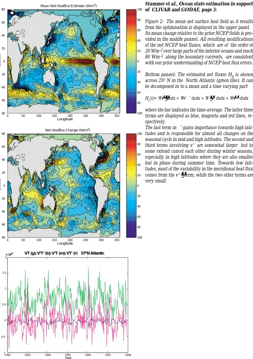 Figure 2:  The mean net surface heat field as it resultsfrom the optimisation is displayed in the upper panel.Its mean change relative to the prior NCEP fields is pro-vided in the middle pannel