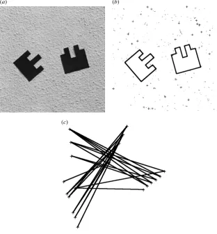 Figure 4. Example of the mapping of dual elements: (a) image;(b) located edges and points; (c) dual space.