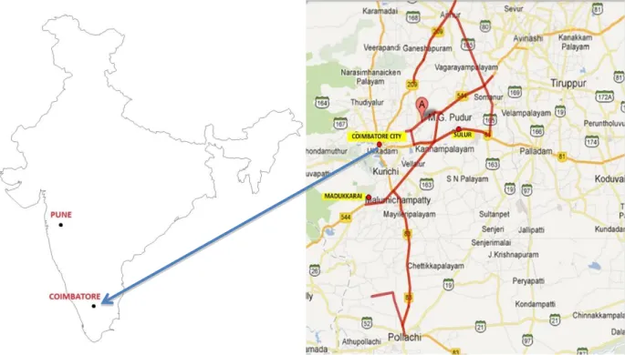 Figure 2. Map of India showing Coimbatore and Pune Districts, with the Study Stretches marked in red
