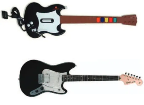 Figure 1.1: Comparison of Digital Guitar (Top), and Standard Analog Guitar (Bottom) to play along to some sort of sheet music