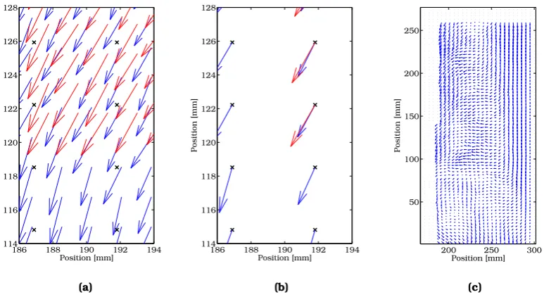 Figure 3.4: (a) A part of the overlap area of two time-averaged PIV sessions. The crosses indi-cate the interpolation grid points