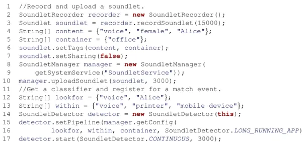 Figure 4.4: An example code snippet to create, tag, upload, get classification plan, and detect soundlets.