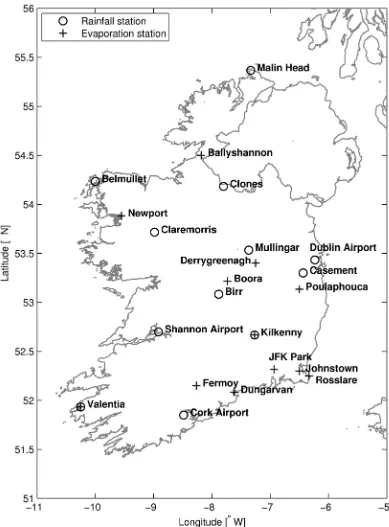 Figure 4.1. Locations of hourly synoptic (temperature, rainfall etc) stations and pan-evaporation used (from Met Éireann).