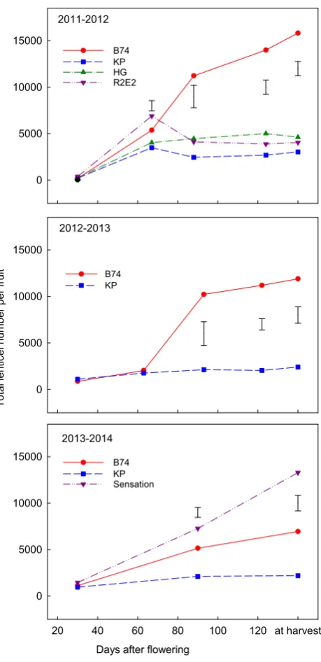 Figure 1  Total number of stomata/lenticel on the fruit surface of ‘B74’, ‘KP’, ‘HG’, ‘R2E2’ and ‘Sensation’ mango during the sequential development stages