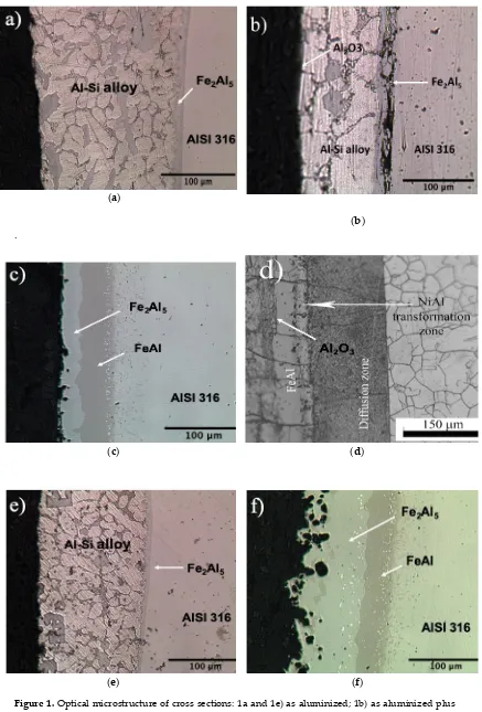 Figure 1. Optical microstructure of cross sections: 1a and 1e) as aluminized; 1b) as aluminized plus oxidation at 900 °C for 1 h; 1c and 1f) as aluminized and annealed at 900 °C for 3 h; 1d) as aluminized and annealed at 850 °C for 50 h