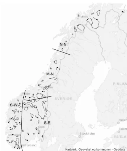 Figure 3. Location of the 71 catchments used to evaluate the newsubsurface routine. The results presented in the next section are or-ganized with respect to the regions south-east (S-E), south-west (S-W), mid-Norway (M-N) and Northern Norway (N-N).