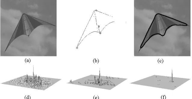 Fig. 6.  Shape extraction. (a) Raw image. (b) Image edges and high curvature points.(c) Result