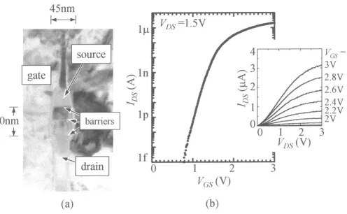 Figure 7.4.2: Fabricated PLEDTR. (a) Transmissionelectron micrograph, (b) measured drain current.