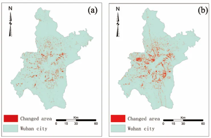 Figure 6. Remote sensing image for  (a) 2000, (b) 2010  and change objects for a threshold of 0.72 similarity function (c)