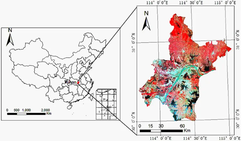 Figure 1.  A map showing the location of study area in China (left plate) and an expanded view of the 8494 km2 Wuhan study area (right plate)