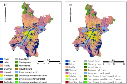 Figure 5.  Results of CAD (Classification After Detection) land cover classification for Wuhan City study area (a) for 2000;  (b) for 2010