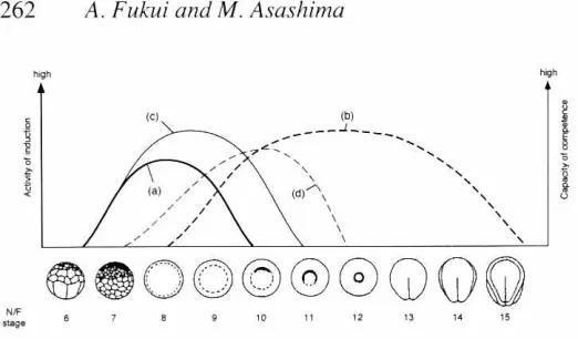Fig. 5. Changesfollowingin inducingactivityand capacityof competencethe developmentin Xenopuslaevis.(a) Mesoderminducingactivityfromvegetalhemisphereto animalhemisphere.(bl Neural induc-ing activity from mesodermlayerto ectoderm layer