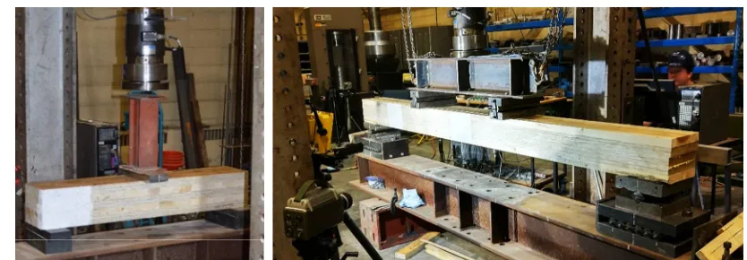 Figure 4. Short-span shear test setup (left) and third-point bending test setup (right) 