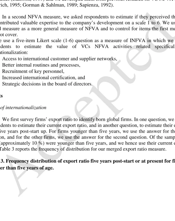Table 3. Frequency distribution of export ratio five years post-start or at present for firms  younger than five years of age
