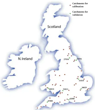 Figure 7-1. Catchments selected for calibration (red dots) and validation (green dots) 