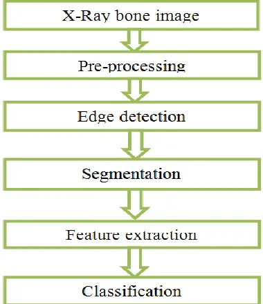Fig 1 : The flow diagram of steps in detecting the bone fracture in X-ray/CT images 