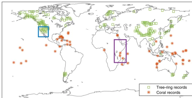 Figure 1. Pseudoproxy network used in this study based on the PAGES2k global database of tree-ring and coral records (PAGES2k Con-sortium, 2017), and the drought regions explored in this study, with the North American Southwest in blue and equatorial East Africa inpurple.