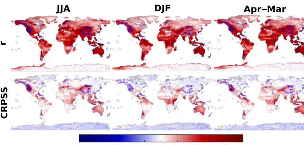 Figure 4. Reconstruction skill, correlation (r), and the mean continuous ranked probability skill score (CRPSS) for the Palmer droughtseverity index (PDSI); cf